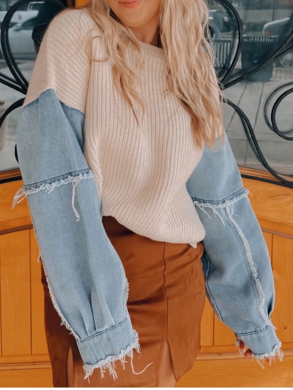 Cream Knit Sweater with Light Blue Denim Balloon Sleeves